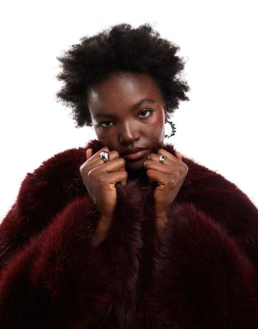 4th Reckless cropped faux fur pocket detail jacket in burgundy ASOS