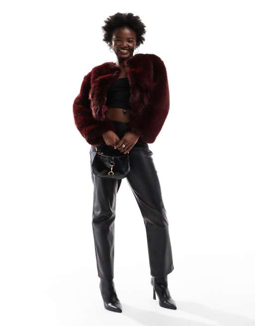 4th & Reckless cropped faux fur pocket detail jacket in burgundy, 3 of 4