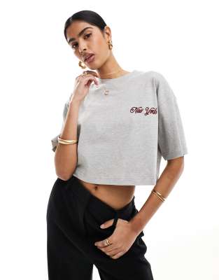 4th & Reckless Cropped New York Embroidered T-shirt In Gray