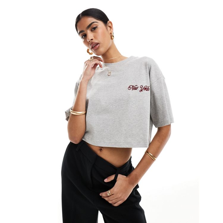 4th & Reckless cropped New York embroidered t-shirt in gray