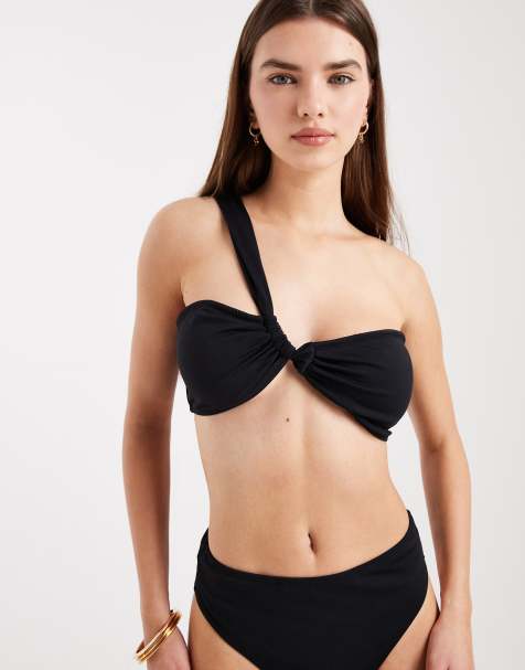 4th & Reckless crinkle one shoulder twist detail bikini top co-ord in black