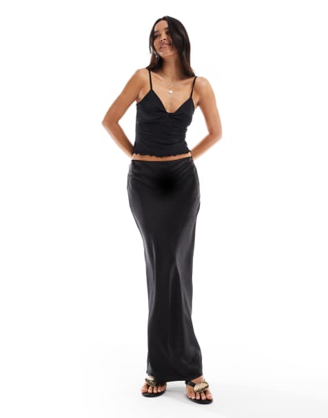 4th & Reckless satin column maxi skirt in black