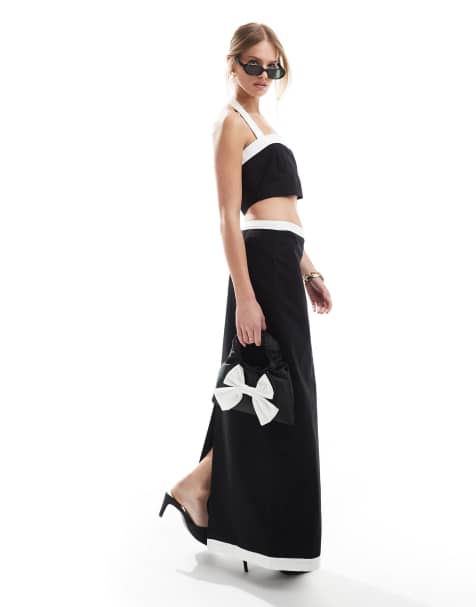 4th & Reckless linen look contrast edge maxi skirt co-ord in mono