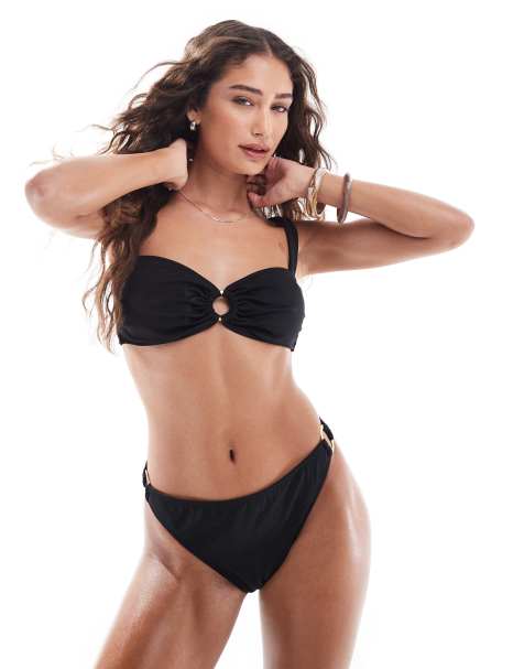 4th & Reckless – Czarne bikini z topem i wysoko wyciętymi figami ze złotym pierścieniem - view 1
