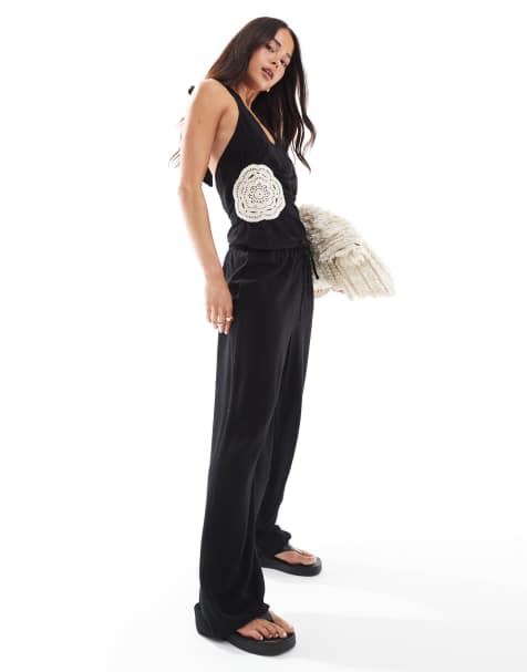 4th & Reckless linen look high waisted wide leg beach trousers co-ord in black