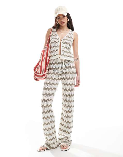 4th & Reckless wide leg crochet beach trouser co-ord in mocha and cream wave