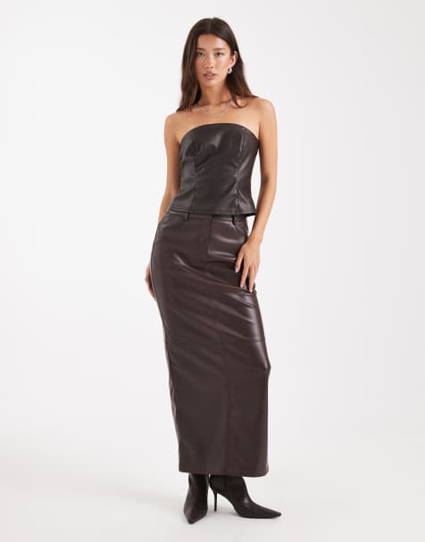 4th & Reckless faux leather tailored maxi skirt in chocolate