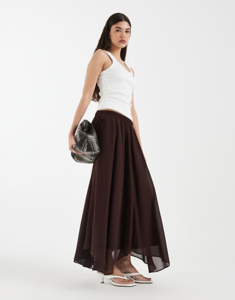 4th & Reckless – Czekoladowobrązowa szyfonowa spódnica maxi z marszczoną talią i asymetrycznym dołem - view 1