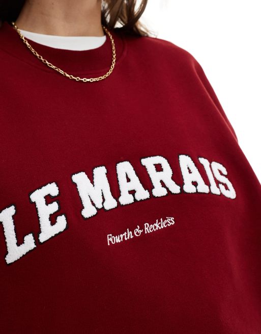 4th & Reckless – Czerwona bluza z dzianiny boucle z logo z napisem „Le Marais”, 2 z 4