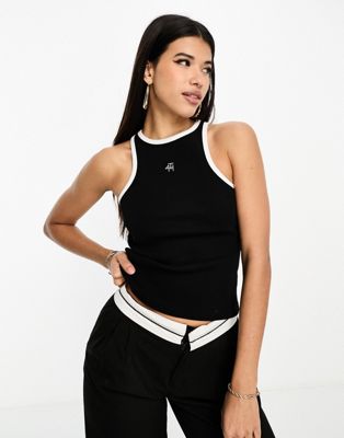 4th & Reckless embroidered logo ribbed tank top with contrast pipping in black - ASOS Price Checker