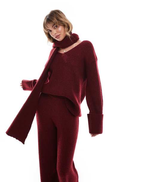 4th & Reckless deep cuff v neck scarf detail jumper co-ord in burgundy - view 1