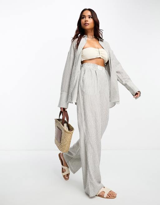 4th & Reckless Delphi linen look stripe beach pants in cream (part of a set)