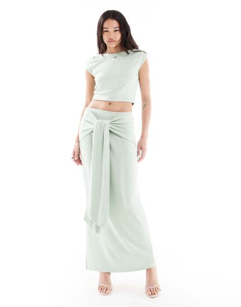 4th & Reckless double layered slinky drape tie waist maxi skirt co-ord in sage - view 1
