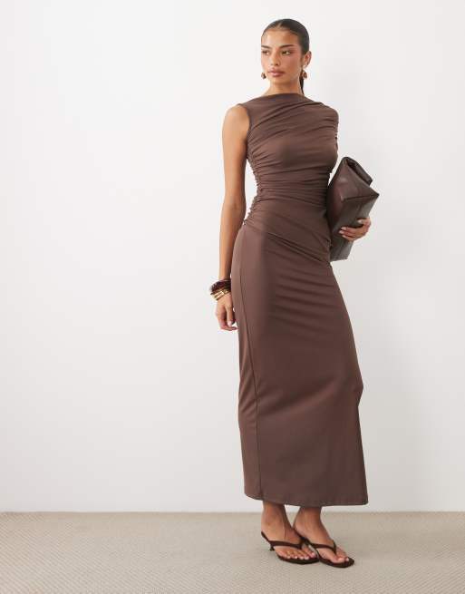 4th & Reckless double layered slinky drape waist detail high neck one sleeve maxi dress in chocolate, 2 of 4