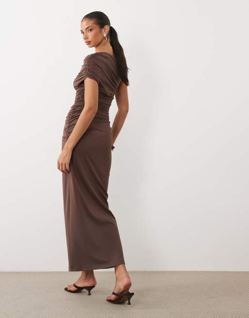 4th & Reckless double layered slinky drape waist detail high neck one sleeve maxi dress in chocolate, 4 of 4