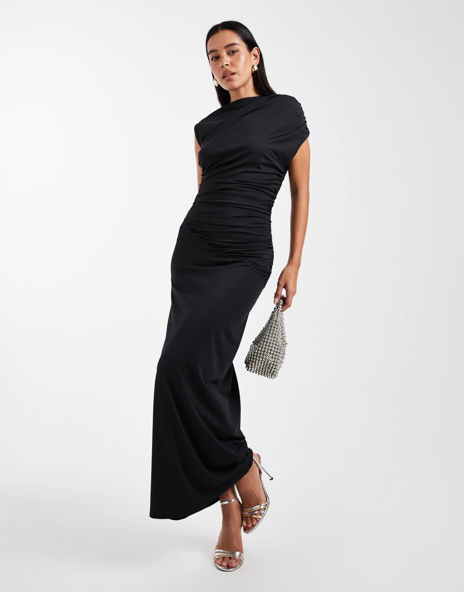 4th & reckless double layered slinky drape waist detail high neck sleeveless maxi dress in black