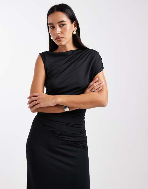 4th & Reckless double layered slinky drape waist detail high neck sleeveless maxi dress in black, 2 of 4