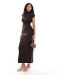 [4th & Reckless] 4th & Reckless double-layered slinky drape waist detail high neck sleeveless maxi dress in brown 6 BROWN