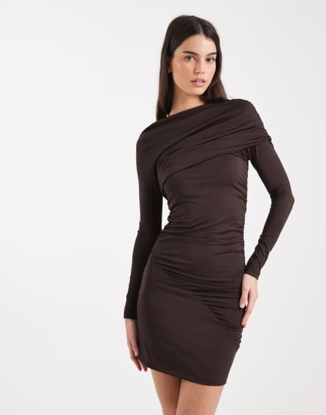 4th & Reckless double layered slinky drape shoulder detail mini dress in chocolate