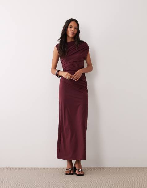 4th & Reckless double layered slinky draped waist detailing high neck cap sleeve maxi dress in burgundy - view 1
