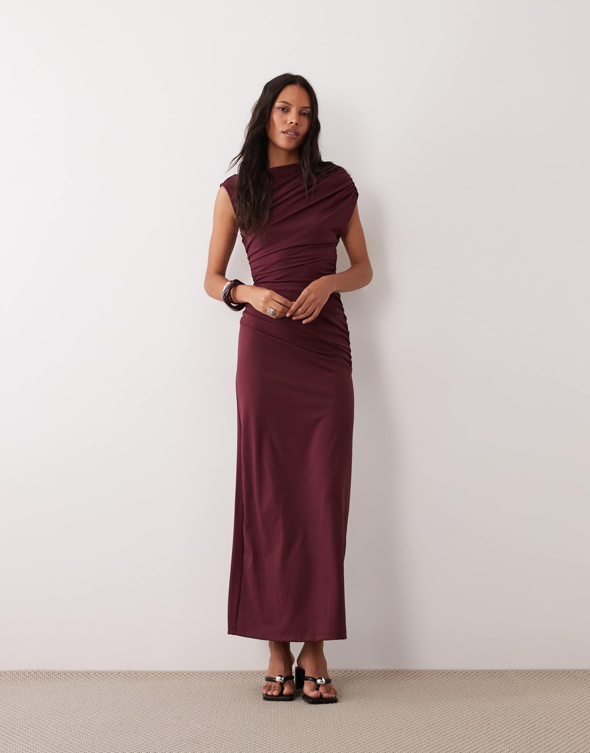4th & reckless double layered slinky draped waist detailing high neck cap sleeve maxi dress in burgundy