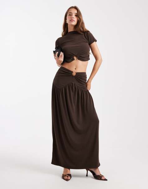 4th & Reckless double layered slinky gold hardware detail dropped waist maxi skirt in chocolate (part of a set) - view 1