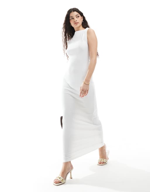 4th & Reckless double layered slinky gold hardware detail off shoulder drape detail maxi dress in cream