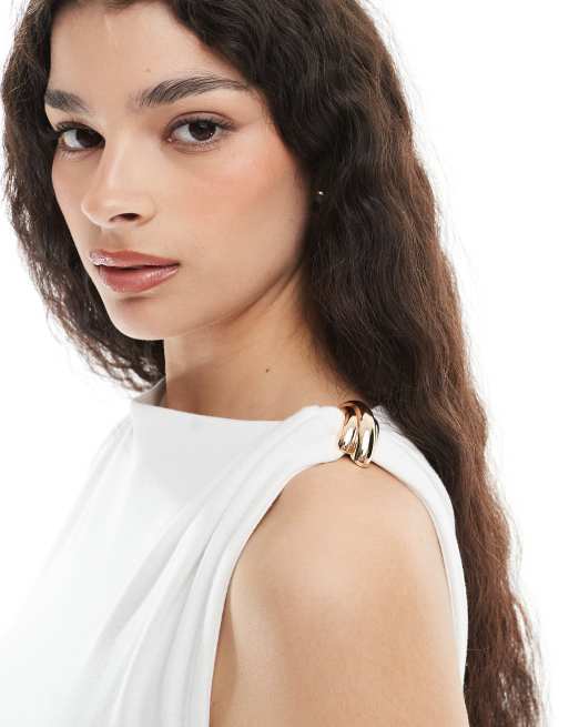 4th & Reckless double layered slinky gold hardware detail off shoulder drape detail maxi dress in cream