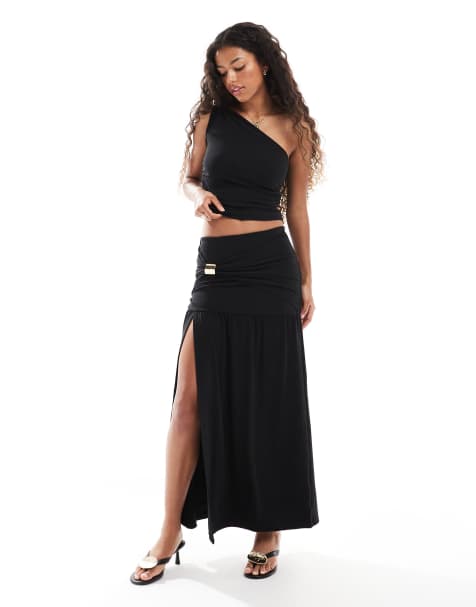 4th & Reckless double layered slinky gold hardware detail thigh split maxi skirt co-ord in black - view 1