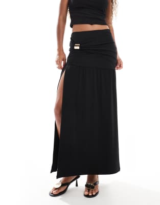 4th & Reckless Double Layered Slinky Gold Hardware Detail Thigh Split Maxi Skirt In Black