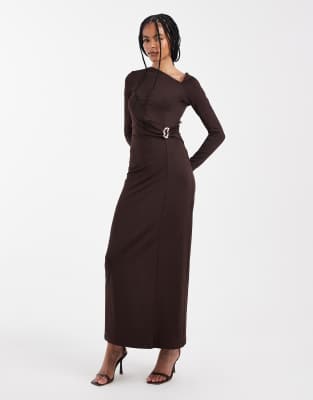 4th & Reckless double layered slinky off-shoulder metal hardware maxi dress in chocolate