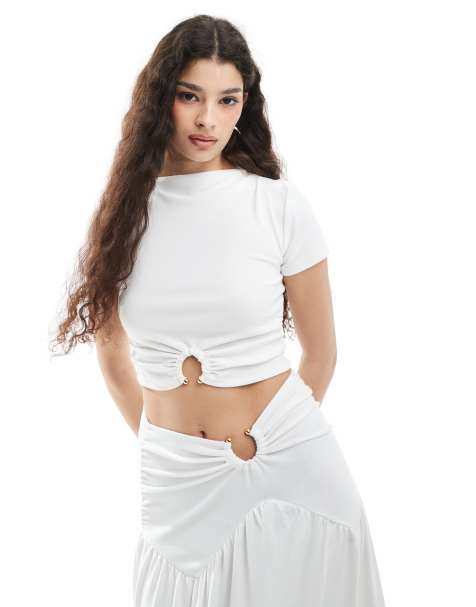 4th & Reckless double layered slinky slash neck gold ring hardware detail crop top co-ord in white - view 1