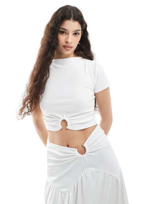 4th & Reckless double layered slinky slash neck gold ring hardware detail crop top in white - part of a set 