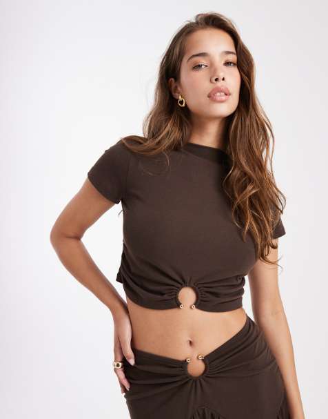 4th & Reckless double layered slinky slash neck gold-tone ring hardware detail crop top in chocolate - part of a set - view 1