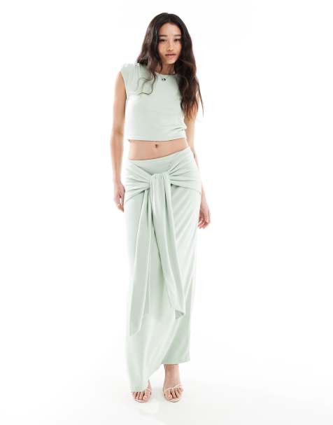 4th & Reckless double layered slinky structured sleeveless top and drape tie waist maxi skirt set in sage - view 1