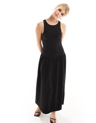 dropped waist racer neck midi dress in black