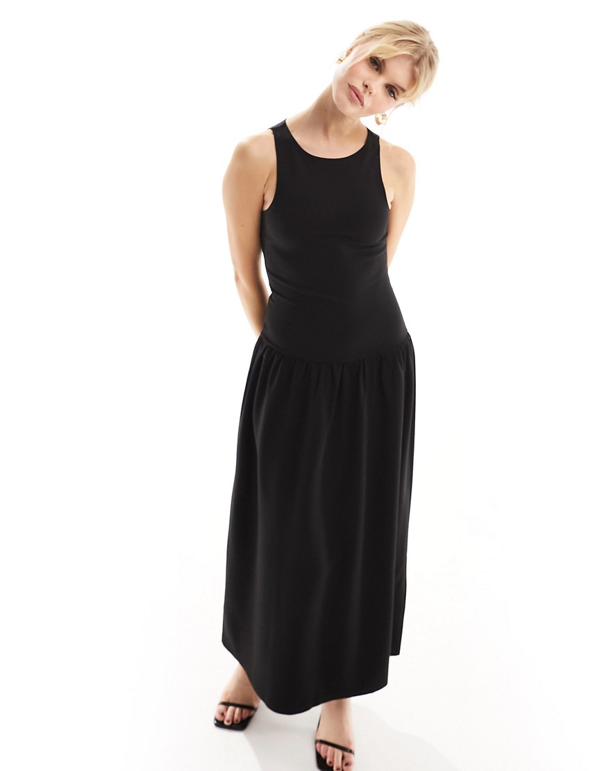 4th & Reckless Dropped Waist Racer Neck Midi Dress In Black