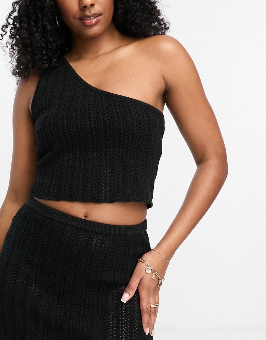 4th & Reckless dune crochet one shoulder beach crop top co-ord in black