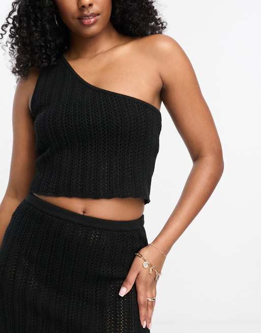 4th & Reckless dune crochet one shoulder beach crop top in black - part of  a set