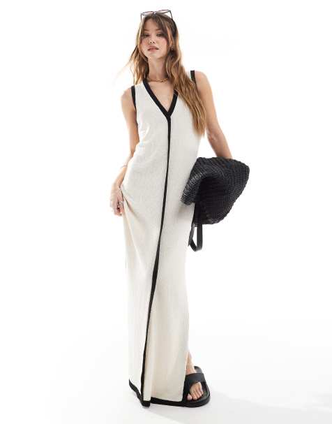 4th & Reckless contrast trim sleeveless v neck knitted beach maxi dress in ecru