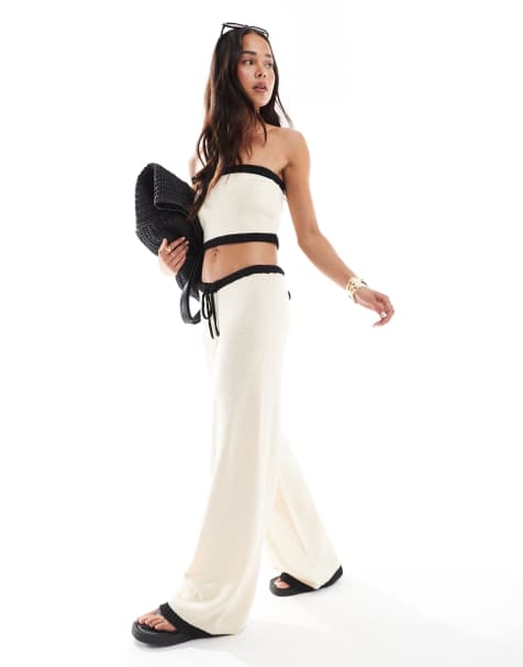 4th & Reckless knitted contrast beach trouser co-ord in ecru