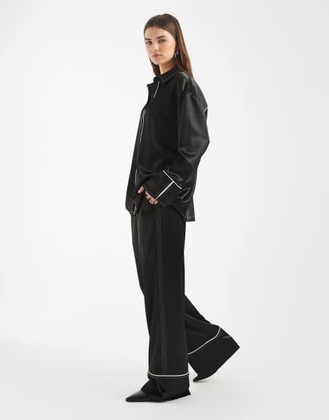4th & Reckless elasticated waist contrast trim wide leg pants in black (Part of a set) - view 1