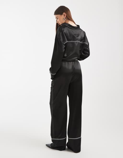 4th & Reckless elasticated waist contrast trim wide leg pants in black (Part of a set), 3 of 5