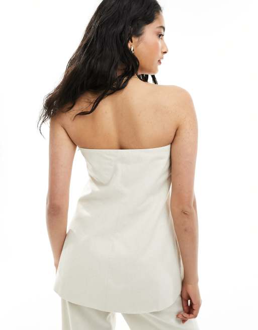 4th & Reckless - Elegante bandeau-top met lange pasvorm van linnen in crème, deel van co-ord set, 2 van 4