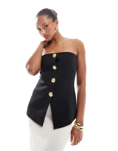 4th & Reckless - Elegante bandeautop met split en gouden knopen in zwart, deel van co-ord set - view 1
