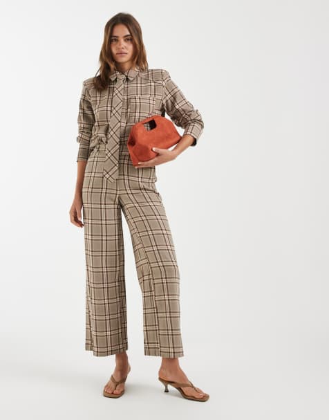 4th & Reckless – Elegante Hose aus angerauter Baumwolle in kariertem Beige mit weitem Bein, Kombiteil - view 1