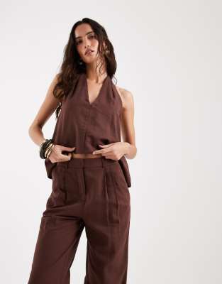 Elegante Hose in Schokobraun mit Leinen-Haptik, Bundfalten vorne und weitem Bein, Kombiteil-Brown Brown 38
