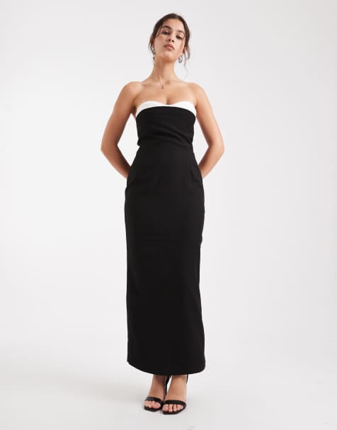4th & Reckless - Elegante maxi bandeau-jurk met contrasterende buste en korset in zwart - view 1