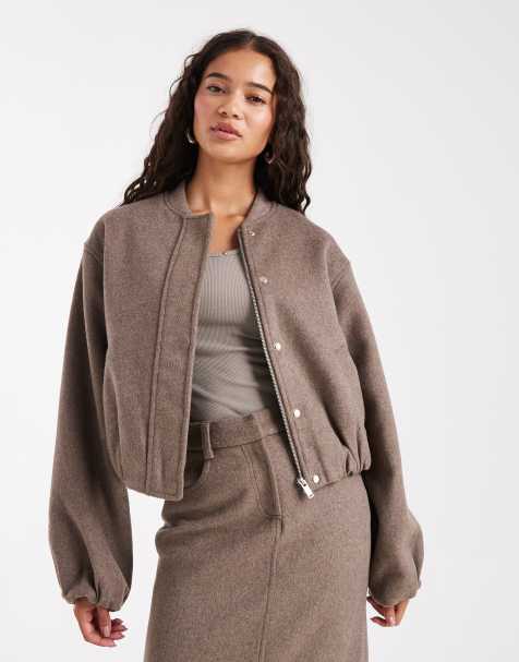 4th & Reckless – Elegante, weiche, kragenlose Wollmix-Bomberjacke in Mokka mit Ballonärmeln, Kombiteil - view 1