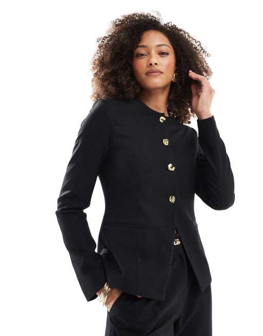 4th & Reckless – Eleganter Blazer in Schwarz mit Rundhalsausschnitt, goldener Knopfleiste und Schlitz vorne, Kombiteil